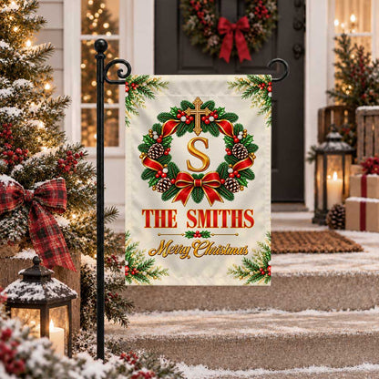 Personalized Christmas Garden Flag - Custom Family Name Monogram Wreath - Holiday Outdoor Decor, Christmas Gift