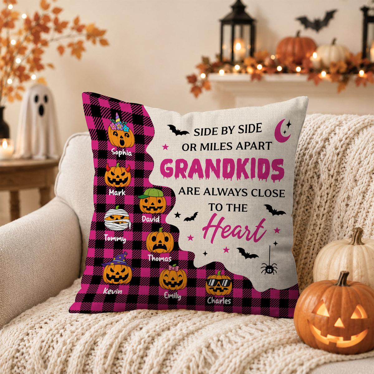 Personalized Halloween Pillow - Custom Grandkids Name Pumpkin Throw Pillow - Halloween Home Decor Gift for Grandma, Grandpa