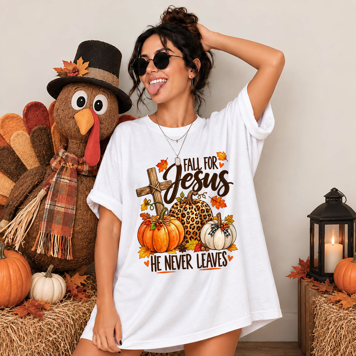 Christian Thanksgiving Shirt - Fall For Jesus He Never Leaves - Trendy Fall Gift for Friends