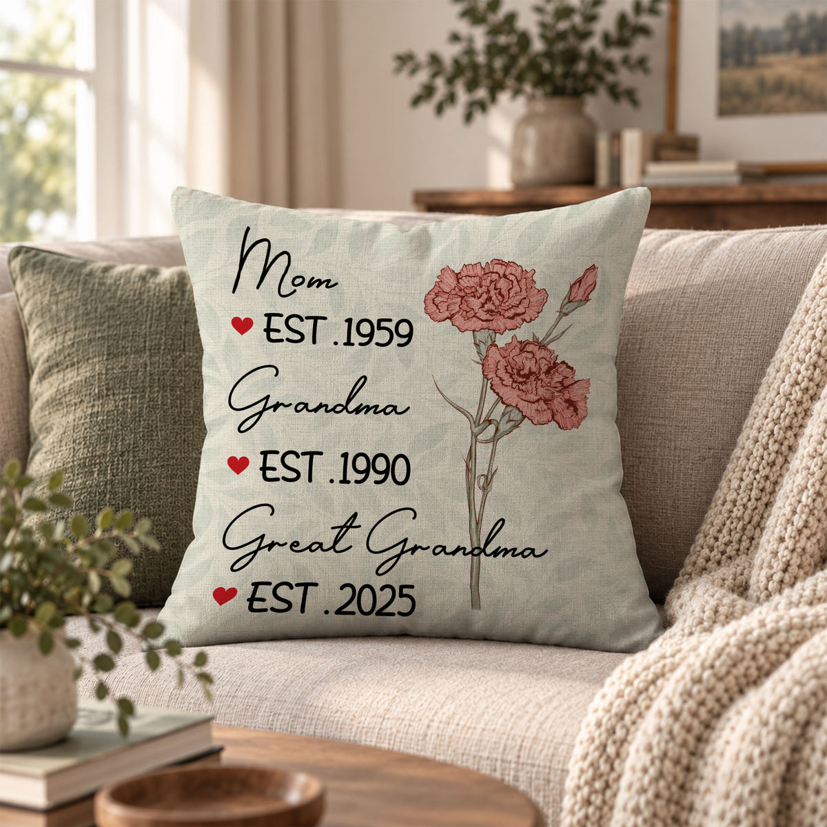 Personalized Floral Pillow - Mom Grandma Great Grandma Est. Year Pillow - Family Keepsake Gift
