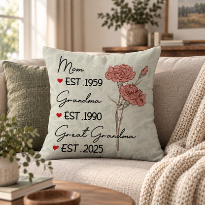 Personalized Floral Pillow - Mom Grandma Great Grandma Est. Year Pillow - Family Keepsake Gift