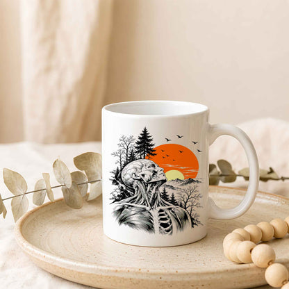 Anatomical Skeleton Sunset Mug, Vintage Mountain Nature Coffee Cup, Gothic Art Gift for Men Women