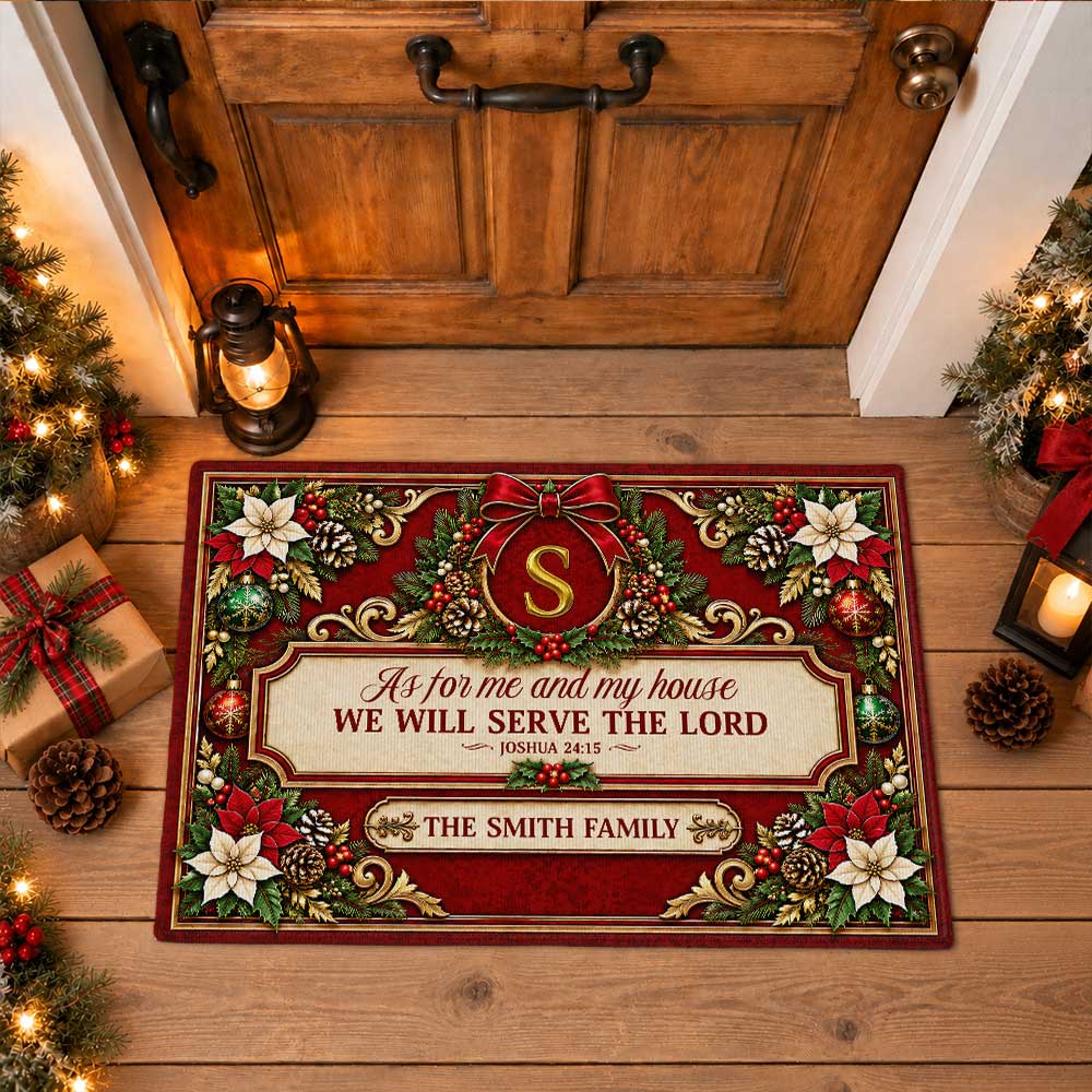 Personalized Christmas Door Mat - Serve The Lord Family Mat - Christmas Entryway Decor, Christian Holiday Gift
