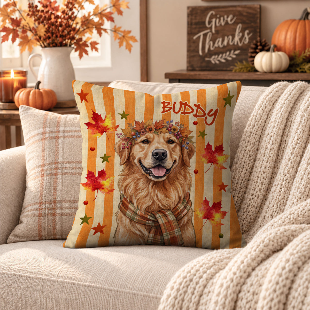Personalized Thanksgiving Pet Pillow – Custom Pet Portrait Pillow Watercolor Art - Thanksgiving Gift for Pet Lovers