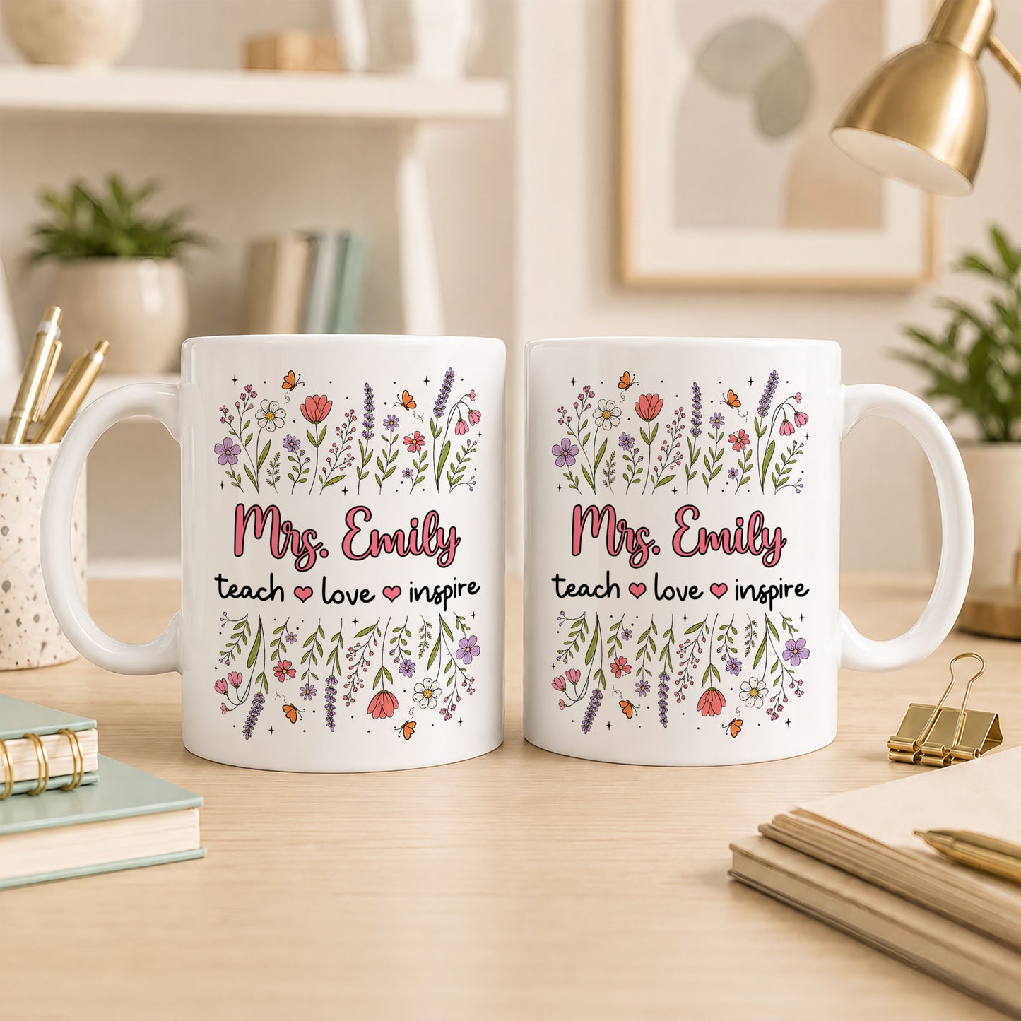 Floral Teacher Mug - Teach Love Inspire - Personalized Wildflower Ceramic Coffee Mug - Back To School Gift for Teachers
