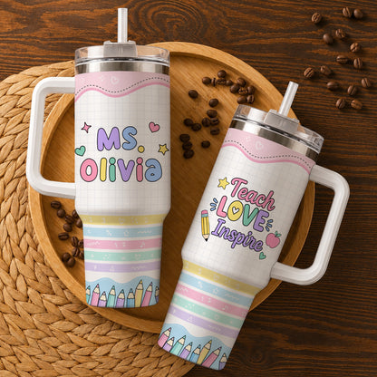 Teach Love Inspire Pastel Teacher Tumbler with Handle – Custom Teacher Name Travel Cup - Back To School Gift for Teachers