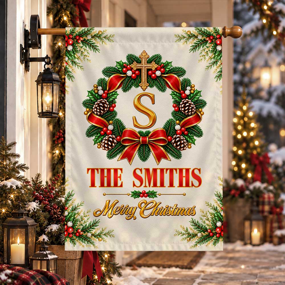 Personalized Christmas Garden Flag - Custom Family Name Monogram Wreath - Holiday Outdoor Decor, Christmas Gift