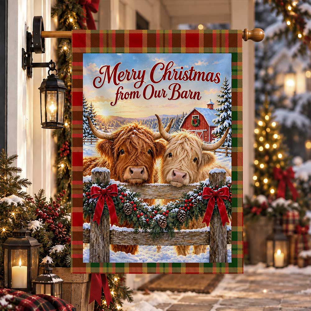 Christmas Garden Flag - Highland Cow Merry Christmas from Our Barn - Farmhouse Decor, Country Christmas Gift