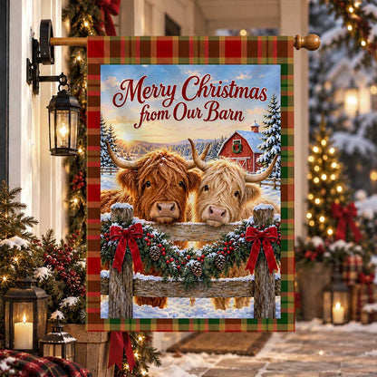 Christmas Garden Flag - Highland Cow Merry Christmas from Our Barn - Farmhouse Decor, Country Christmas Gift