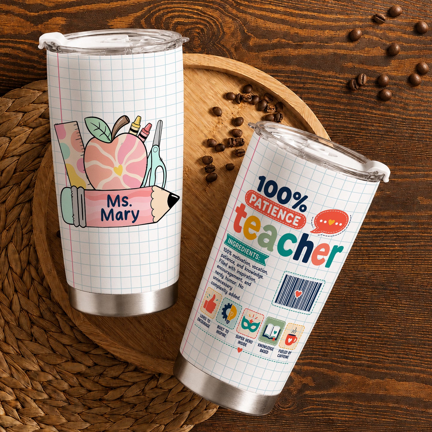 Teacher Ingredients Tumbler - Personalized Teacher Stainless Steel Tumbler, Funny Gift for Teachers