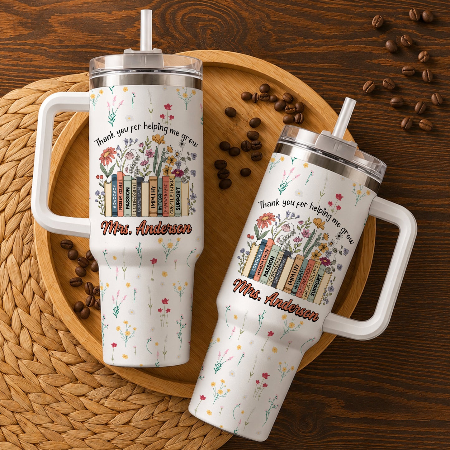 Vintage Floral Book Teacher Tumbler With Handle - Thank You Teacher To Go Cup - Personalized Back To School Gift for Teacher