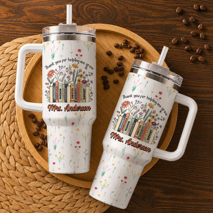 Vintage Floral Book Teacher Tumbler With Handle - Thank You Teacher To Go Cup - Personalized Back To School Gift for Teacher