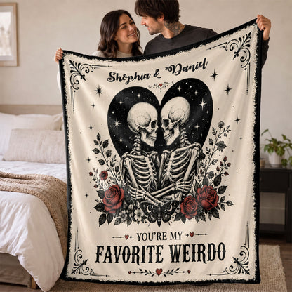 Skeleton Couple Blanket, Gothic Halloween Gift for Couples, Weird Love Design, Personalized Fleece Blanket & Sherpa Blanket