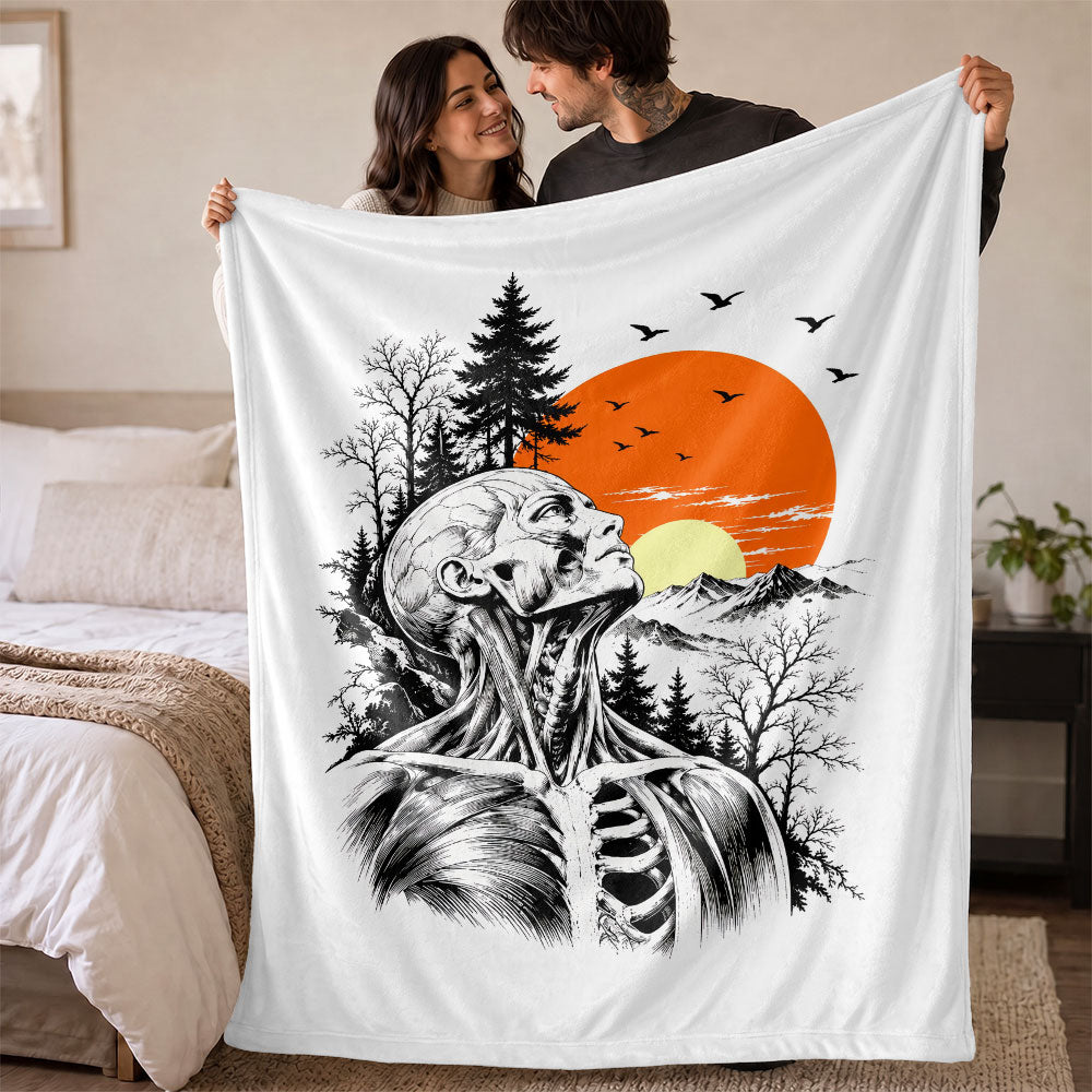 Anatomical Skeleton Blanket, Vintage Sunset Mountain Fleece & Sherpa  Blanket, Gothic Nature Gift for Men Women
