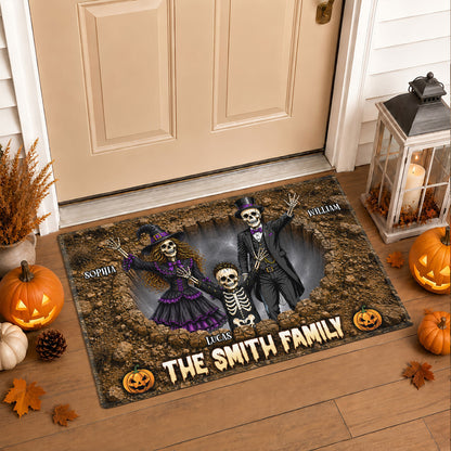 Personalized Halloween Door Mat for Family - Custom Name Skeleton Family Mat - Spooky Haunted House Door Mat - Halloween Outdoor Decor