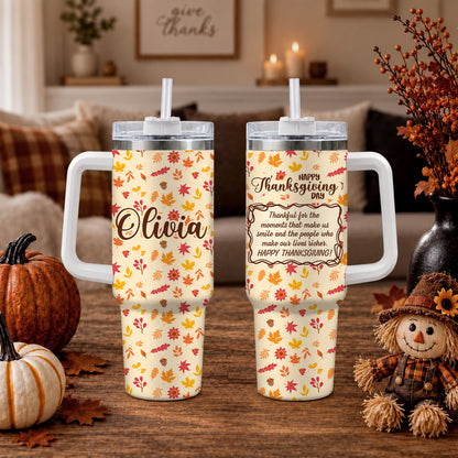 Personalized Thanksgiving Tumbler with Handle - Custom Name 40oz Travel Tumbler - Gift for Friends, Coworkers
