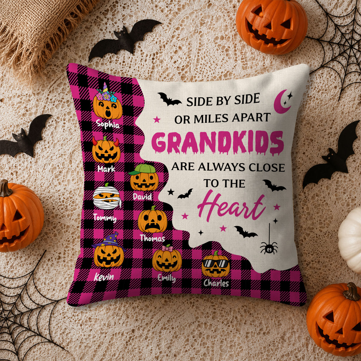 Personalized Halloween Pillow - Custom Grandkids Name Pumpkin Throw Pillow - Halloween Home Decor Gift for Grandma, Grandpa