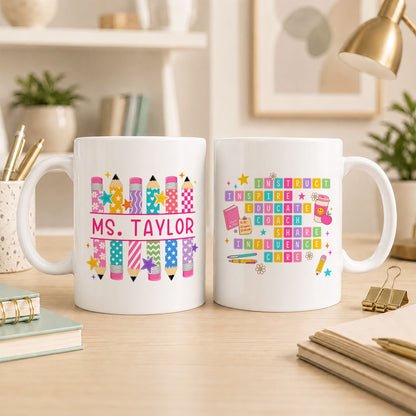 Colorful Teacher Crossword Mug - Personalized Teacher Name Ceramic Coffee Cup - Motivational Gift for Teachers