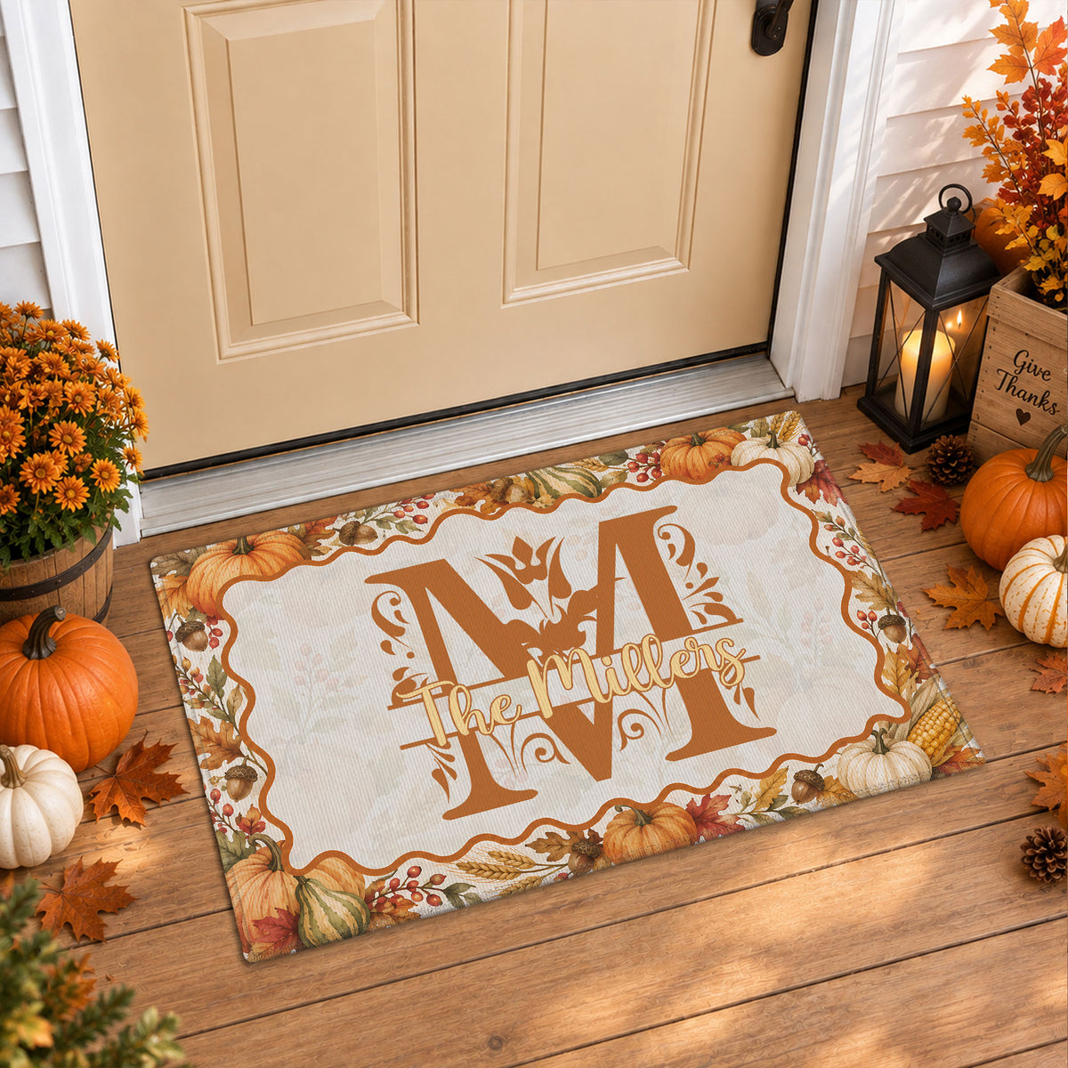 Personalized Thanksgiving Doormat - Custom Family Name Monogram Door Mat - Fall Harvest Pumpkin Home Decor