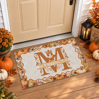 Personalized Thanksgiving Doormat - Custom Family Name Monogram Door Mat - Fall Harvest Pumpkin Home Decor