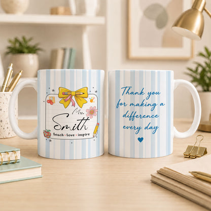 Personalized Teach Love Inspire Teacher Mug with Custom Name, Teacher Appreciation Coffee Mug, Thank You Teacher Gift, Back to School Gift