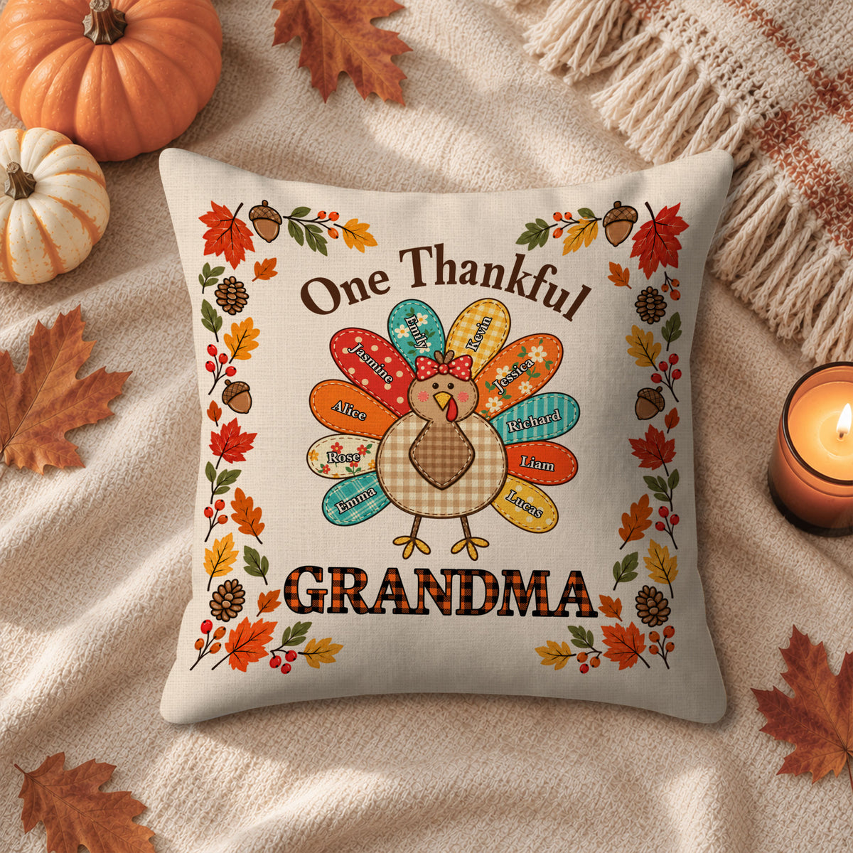 Personalized Thanksgiving Pillow - One Thankful Grandma - Custom Grandma Turkey Throw Pillow -  Thanksgiving Family Gift