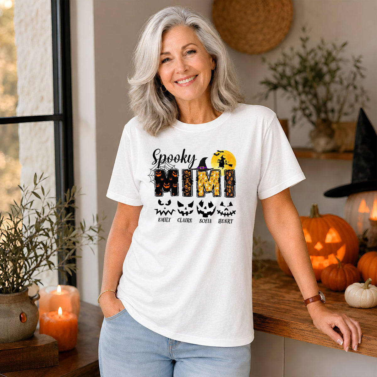 Personalized Halloween Shirt for Grandma & Mom - Custom Name Spooky Pumpkin Face Shirt - Cute Halloween Gift