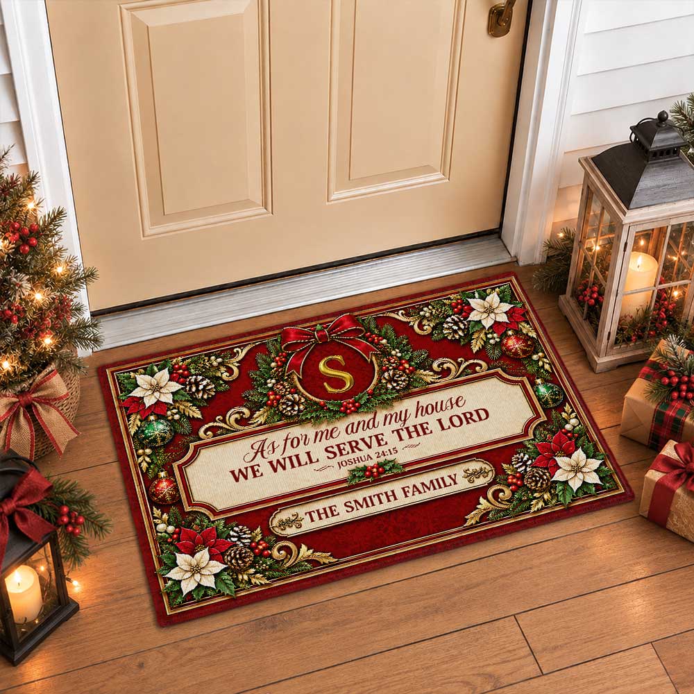 Personalized Christmas Door Mat - Serve The Lord Family Mat - Christmas Entryway Decor, Christian Holiday Gift
