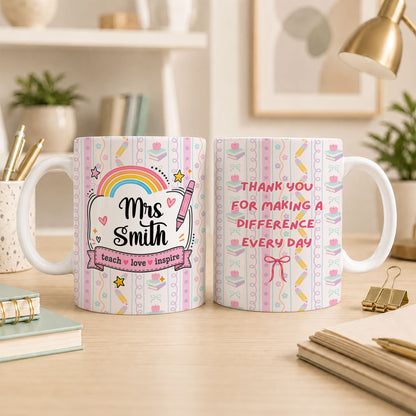 Personalized Teach Love Inspire Teacher Mug with Custom Name, Teacher Appreciation Coffee Mug, Thank You Teacher Gift, Back to School Gift