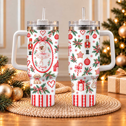 Personalized Nutcracker Ballet Tumbler 40oz, Custom Name Ballerina Cup, Christmas Gift for Girls