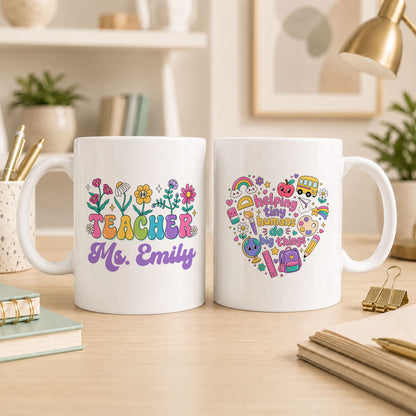Colorful Groovy Teacher Mug - Helping Little Minds Grow - Personalized Teacher Coffee Cup - Back To School Teacher Gift
