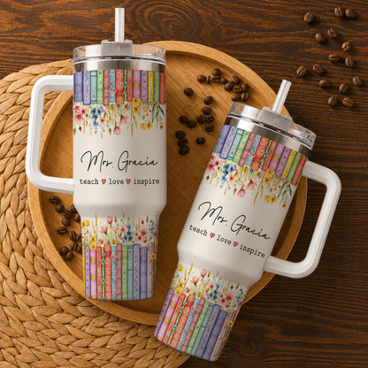 Personalized Teacher Tumbler - Vintage Floral Book Stack Tumbler - Custom Teacher Name Tumbler, Teacher Appreciation Gift