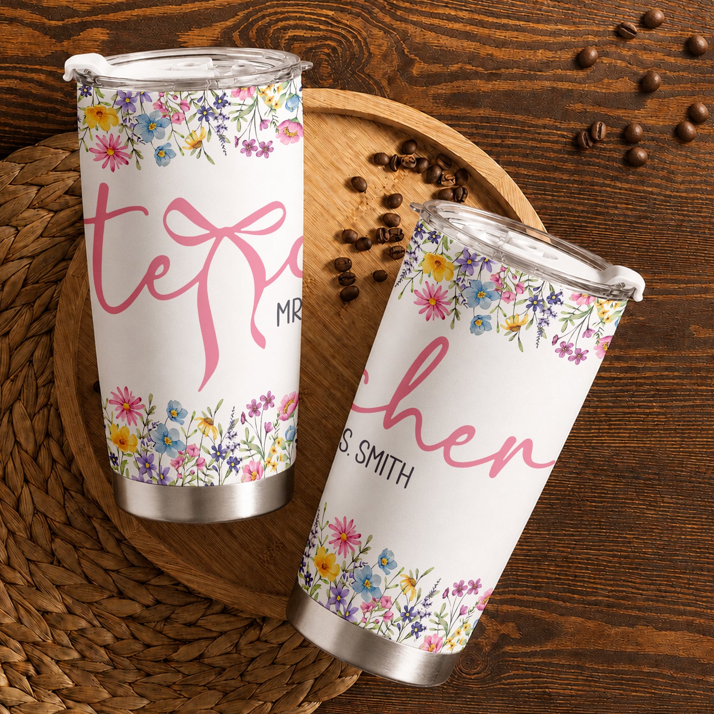 Personalized Teacher Tumbler with Custom Name, Cute Pencil Floral Travel Cup, Teacher Appreciation Gift, Back to School Teacher Gift