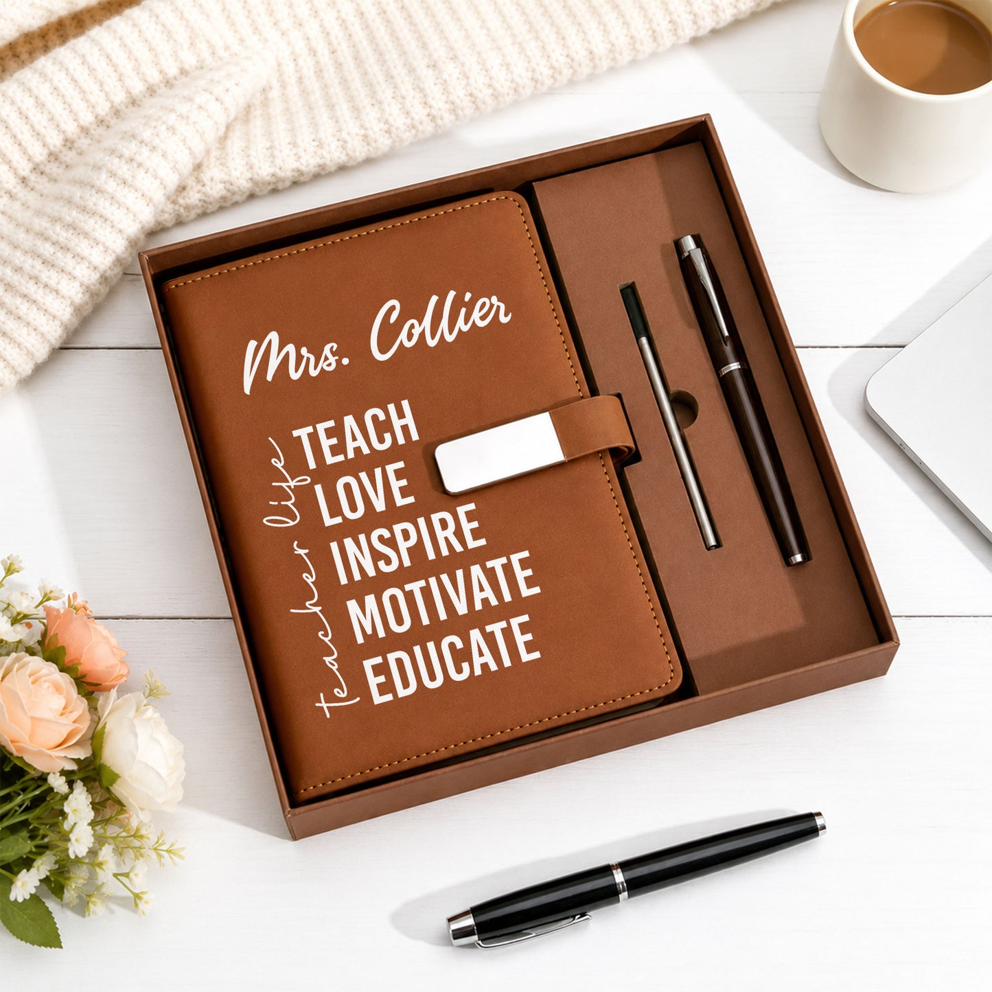Teach Love Inspire Motivate Educate Teacher Journal Gift Set - Custom Name Leather Notebook with Pen - Teacher Appreciation Gift