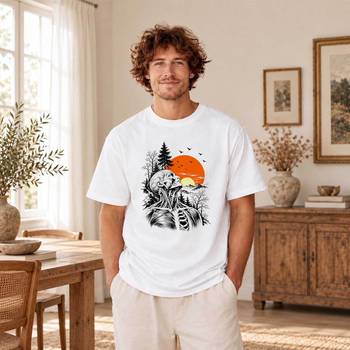 Anatomical Skeleton Sunset Shirt, Vintage Mountain Nature T-Shirt, Gothic Art Gift for Men Women