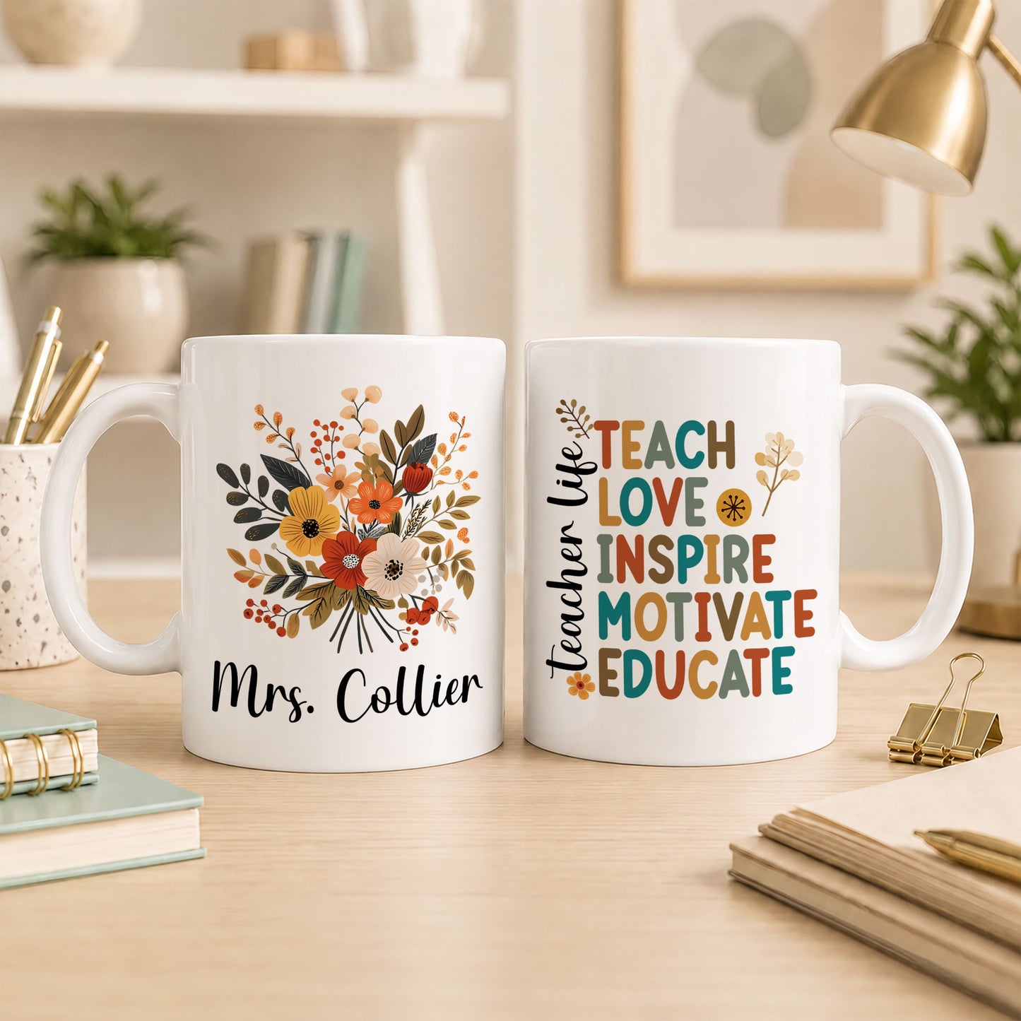 Vintage Floral Teacher Mug - Teach Love Inspire Motivate Educate - Custom Teacher Name Coffee Cup - Appreciation Gift for Teachers