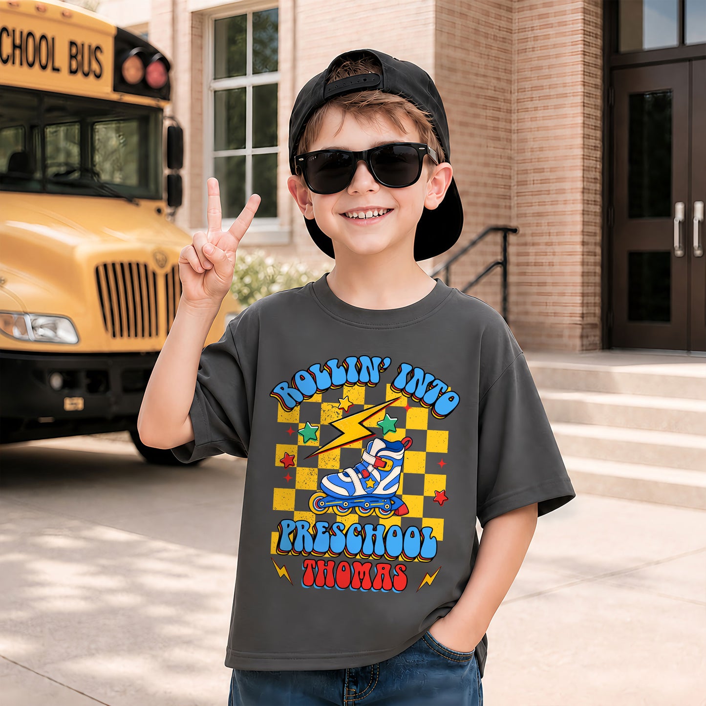 Rollin' Into School Retro Shirt - Custom Name & Grade Kids T-Shirt - First Day of School Outfit for Boys