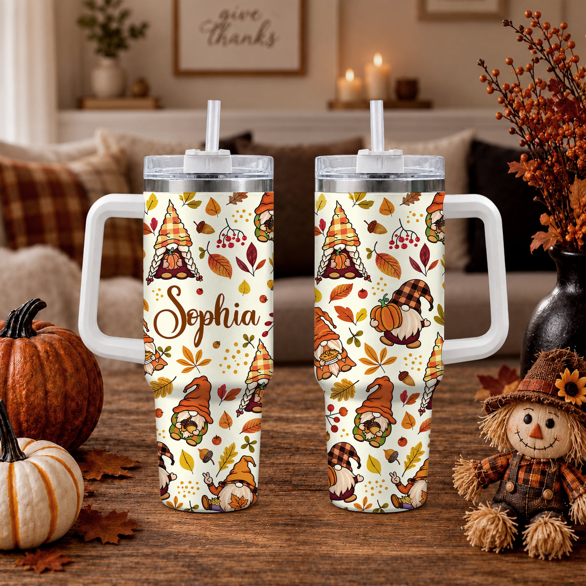 Personalized Thanksgiving Tumbler 40oz, Turkey Fall Leaves Gnome, Hello Fall Custom Name Gift For Adult & Friends