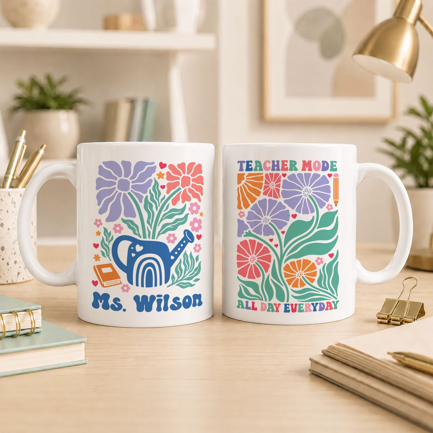 Boho Floral Teacher Mug - Teacher Mode All Day Everyday - Custom Teacher Name Coffee Mug - Appreciation Gift For Teachers