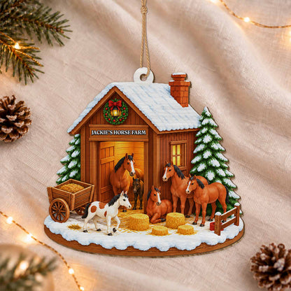 Personalized Custom Shape Wood Ornament - Custom Kid Name Horse Barn Ornament - Farmhouse Holiday Keepsake