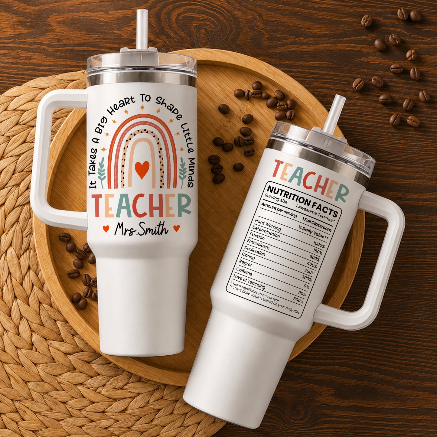 Personalized Teacher Tumbler with Handle - Custom Teacher Name Gift - Rainbow School Travel Cup with Straw - Appreciation Gift for Teachers
