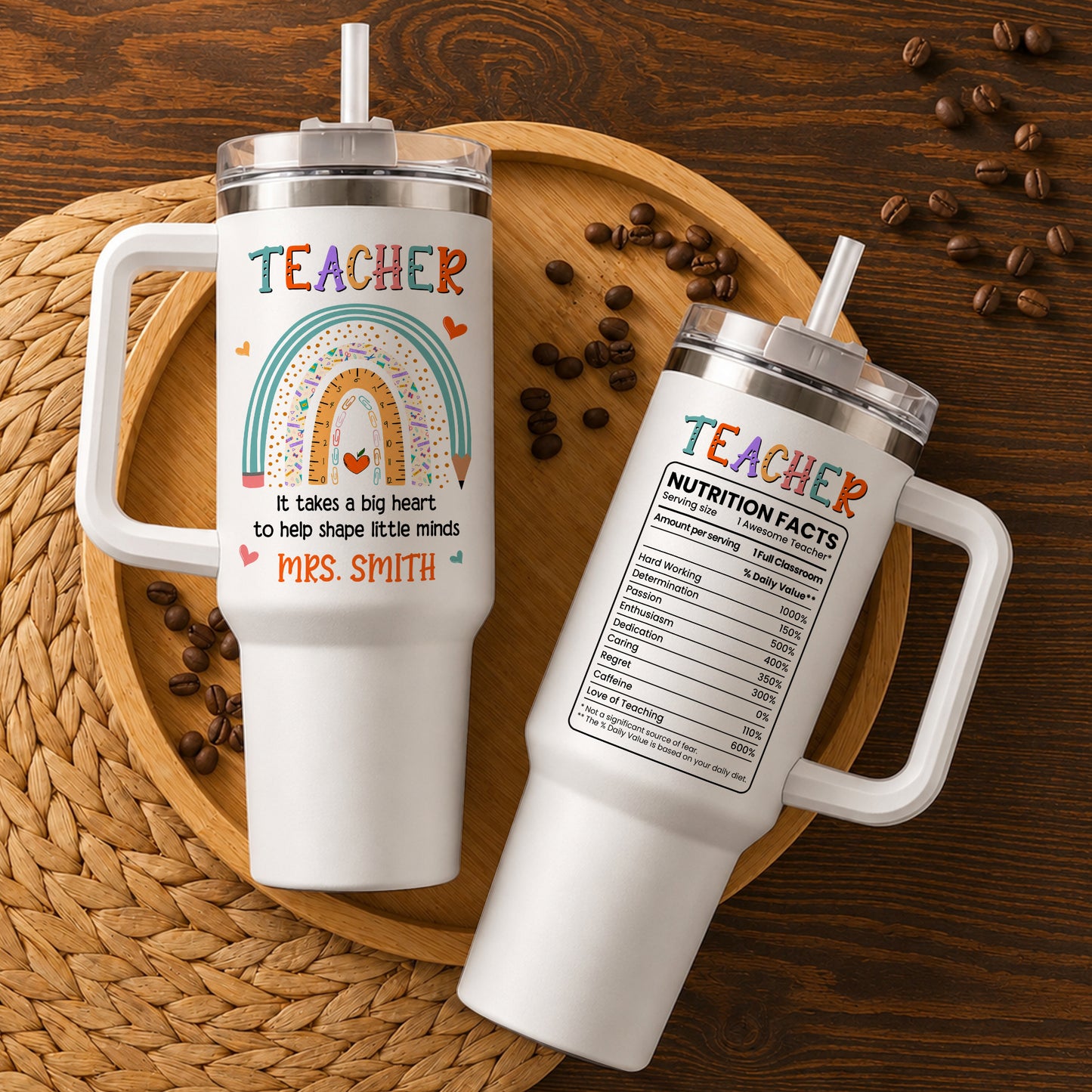 Personalized Teacher Tumbler with Handle - Custom Teacher Name Gift - Rainbow School Travel Cup with Straw - Appreciation Gift for Teachers