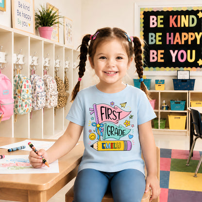 Personalized Back To School Shirt - Colorful Pennant Custom Grade & Name Kids T-Shirt - First Day of School Gift for Boys & Girls