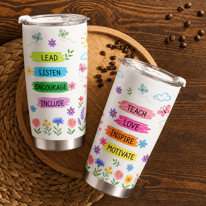 Rainbow Teacher Tumbler - Teach Love Inspire - Custom Teacher Name Travel Cup - Colorful Teacher Gift