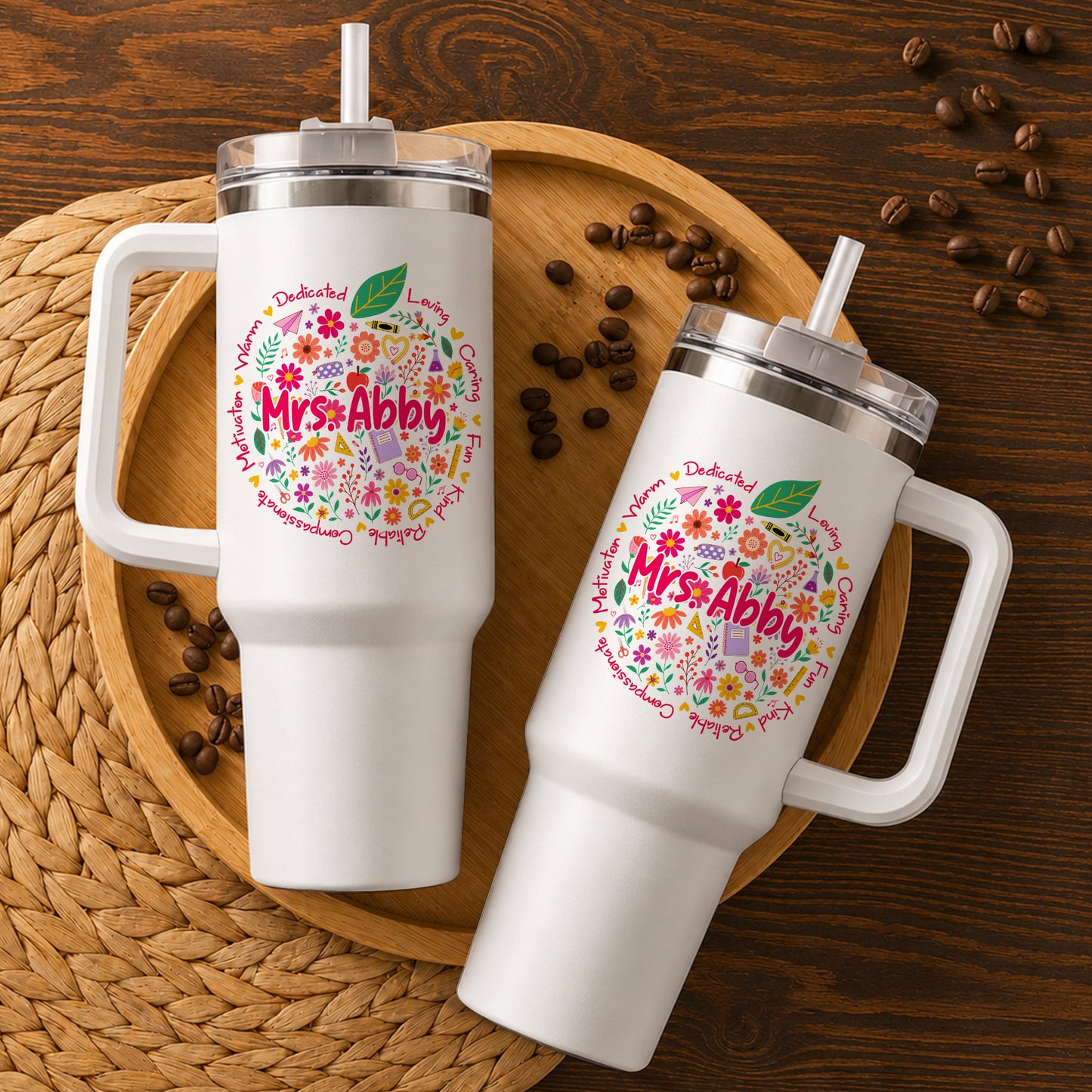 Retro Floral Teacher Tumbler With Handle - Custom Name Teacher To Go Cup, Back To School Teacher Gift