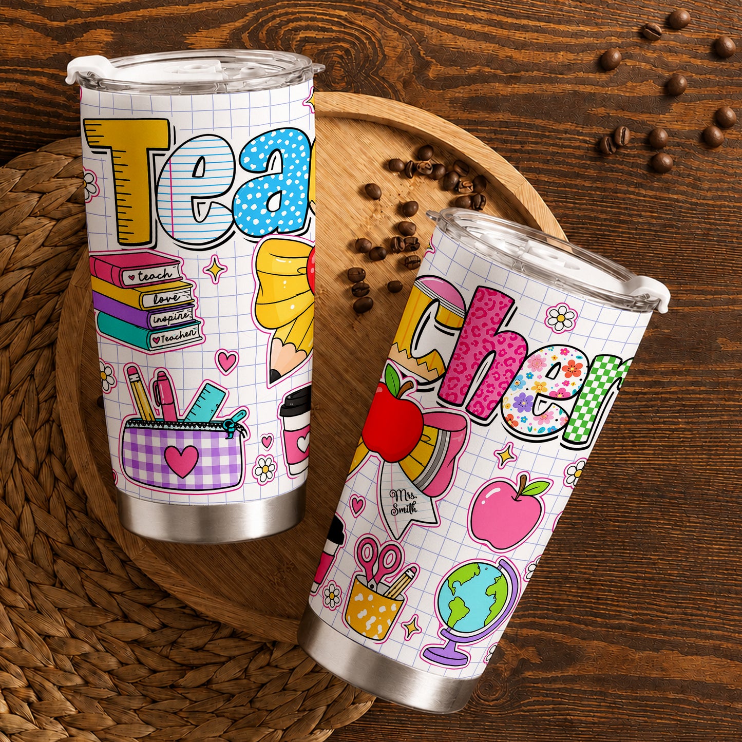 Personalized Teacher Tumbler with Custom Name, Cute Pencil Floral Travel Cup, Teacher Appreciation Gift, Back to School Teacher Gift