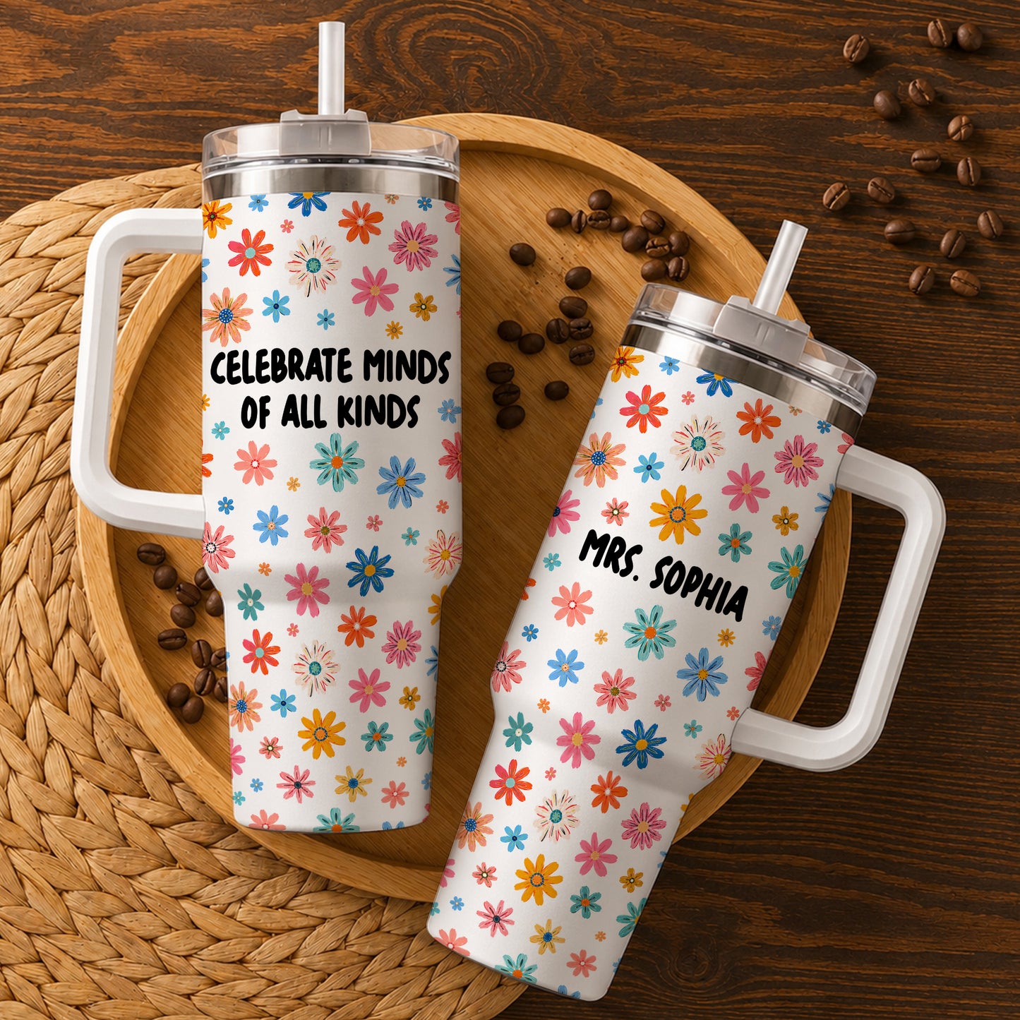 Personalized Teacher Tumbler - Celebrate Minds of All Kinds - Teacher Autism Awareness, Custom Teacher Name Tumbler