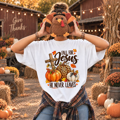Christian Thanksgiving Shirt - Fall For Jesus He Never Leaves - Trendy Fall Gift for Friends
