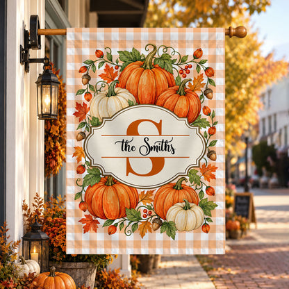 Personalized Thanksgiving Garden Flag - Custom Family Name Monogram Flag - Fall Pumpkin Yard Decor