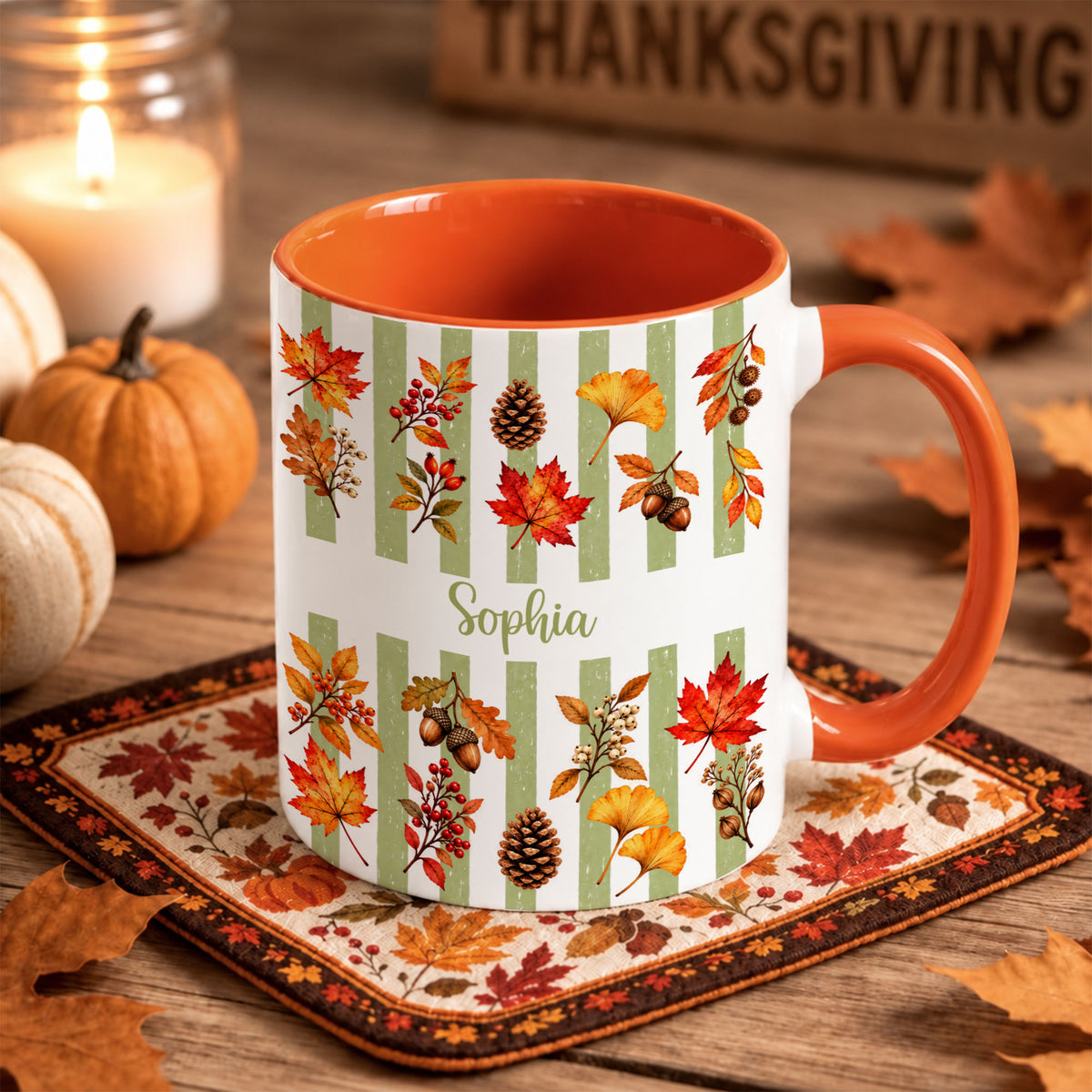 Personalized Fall Mug with Name - Autumn Leaves and Acorns Coffee Cup - Fall Gift for Friends